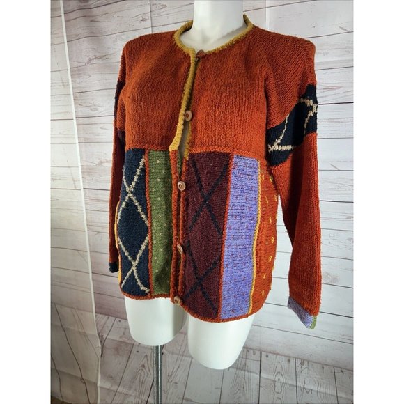 VTG Handmade by Rainbow crafts Cardigan women Size L Knitted Sweater Orange Blue - Picture 4 of 10